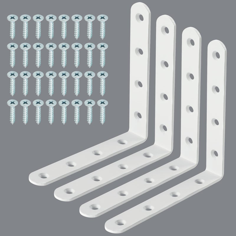 Alise 4 PCS L Brackets Heavy Duty Corner Bracket, 5 X5 Inch White Floating Shelf Brackets for Shelves, Stainless Steel L Shape Wall Mounting Brackets, Metal L Joint Angle Bracket for Wood Shelving - Image 1